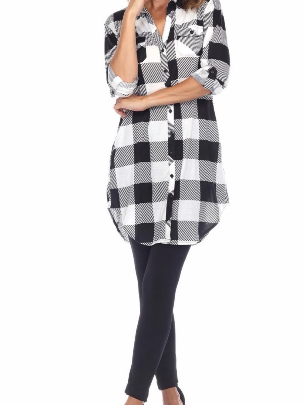 White Mark Black and White Buffalo Plaid Button-Down Tunic Shirt